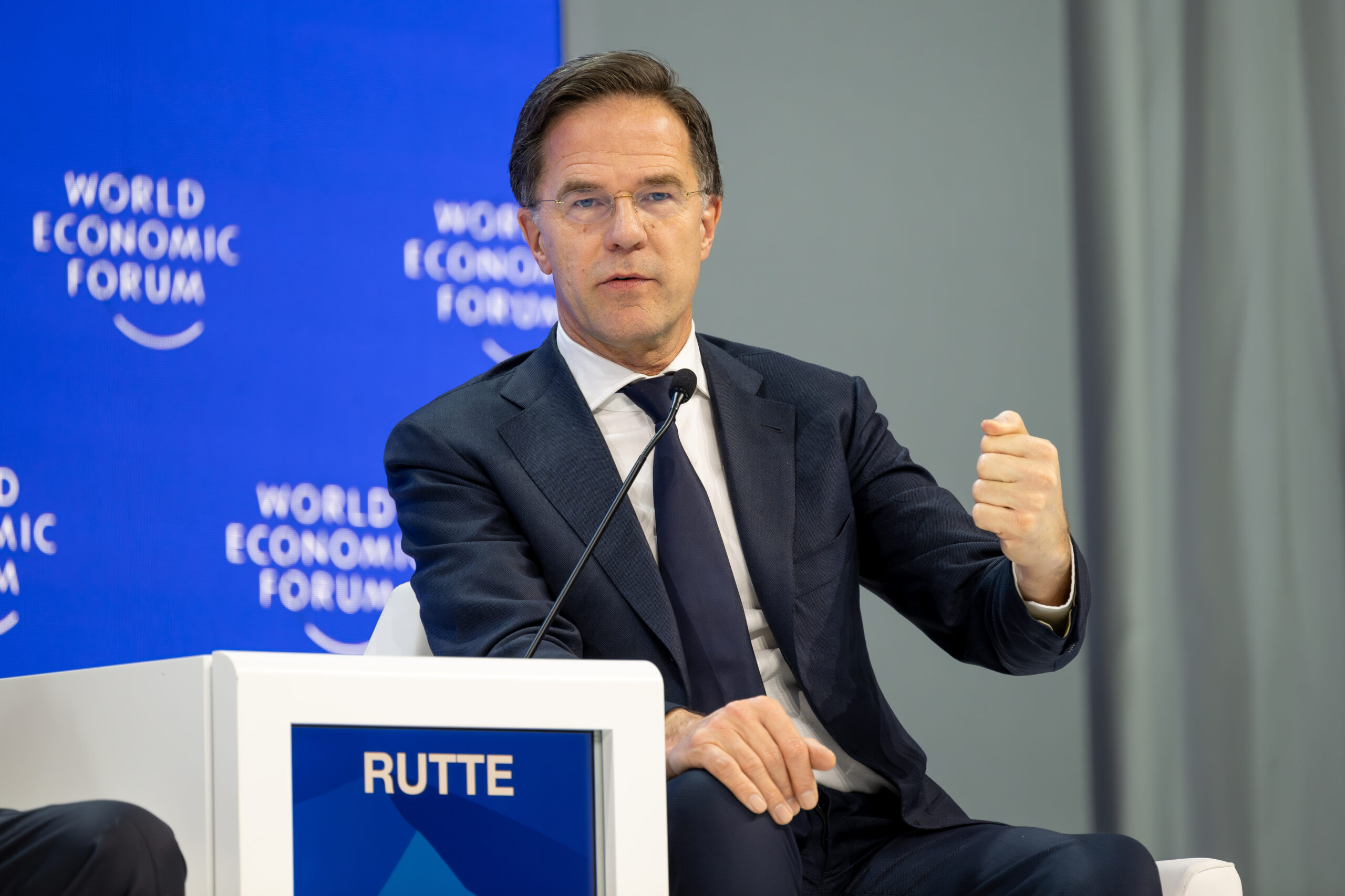 Mark Rutte, Prime Minister of the Netherlands, speaking in the Addressing the North-South Schism session at the World Economic Forum Annual Meeting 2024 in Davos-Klosters, Switzerland, 17 January. Congress Centre – Congress Hall. Copyright: World Economic Forum/Sandra Blaser