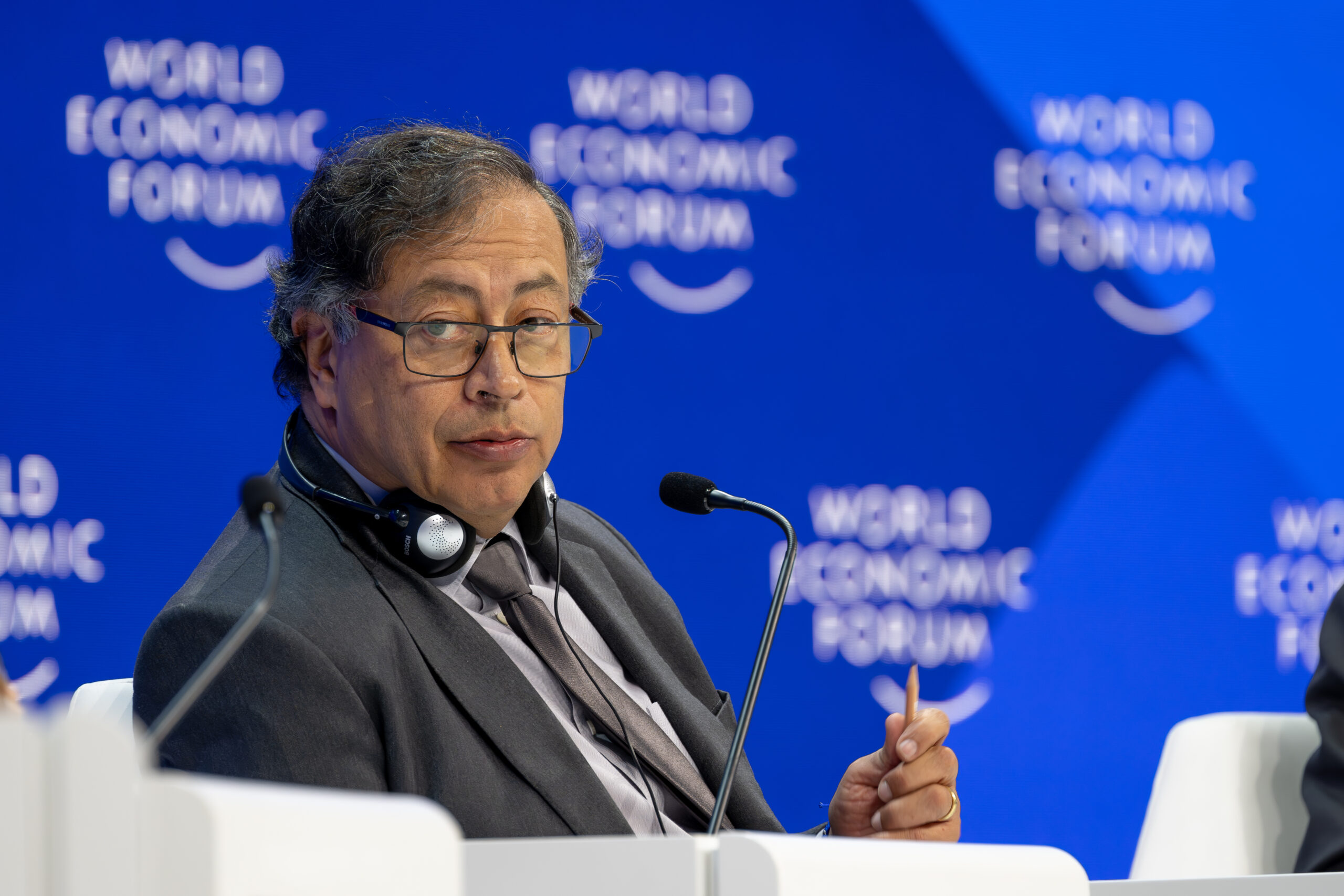 Gustavo Petro, President of Colombia, speaking in the Addressing the North-South Schism session at the World Economic Forum Annual Meeting 2024 in Davos-Klosters, Switzerland, 17 January. Congress Centre – Congress Hall. Copyright: World Economic Forum/Sandra Blaser