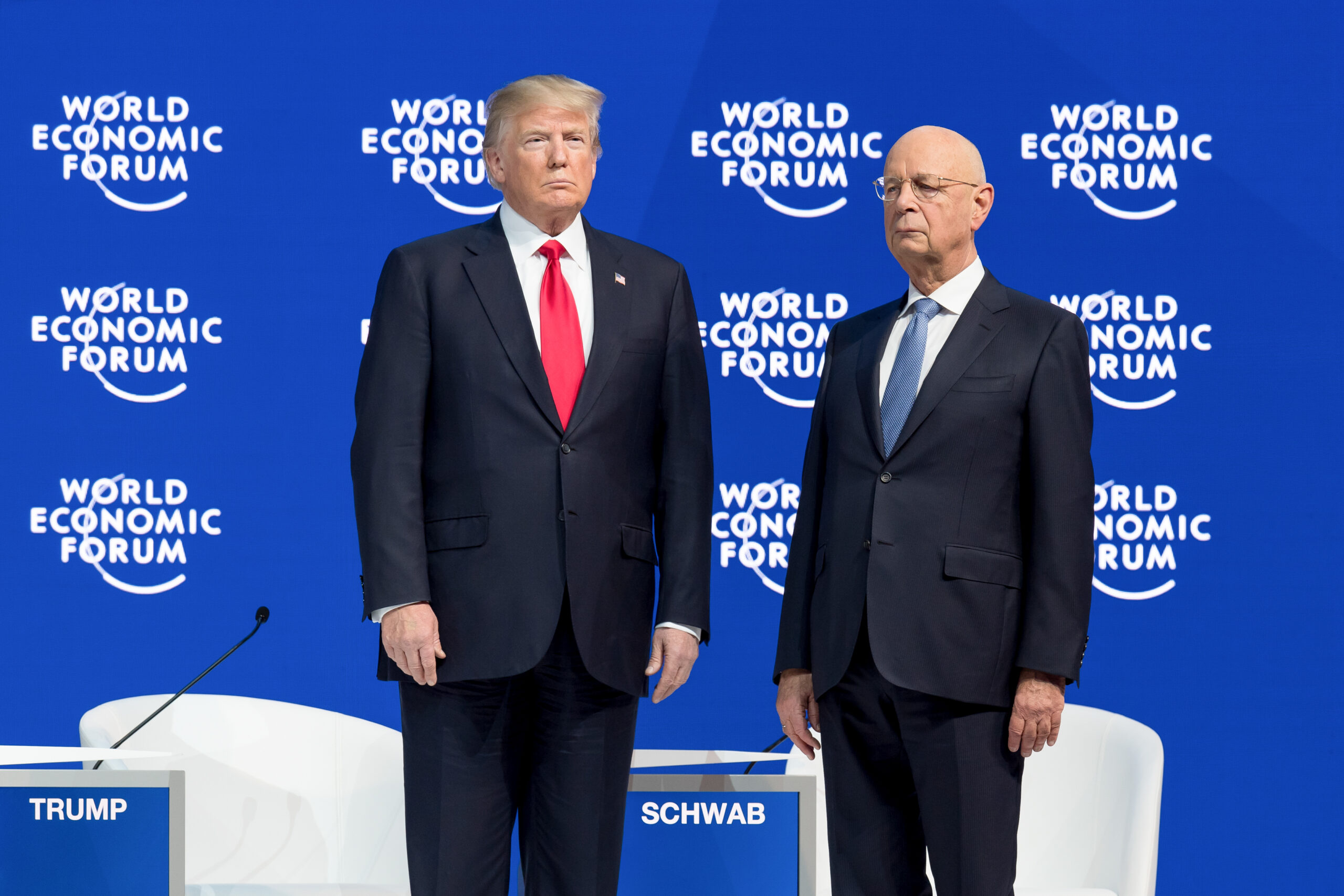 Donald J. Trump, President of the United States of America, Klaus Schwab, Founder and Executive Chairman, World Economic Forum speaking during the Session "Special Address by Donald J. Trump, President of the United States of America" at the Annual Meeting 2018 of the World Economic Forum in Davos, January 26, 2018.
Copyright by World Economic Forum / Sandra Blaser