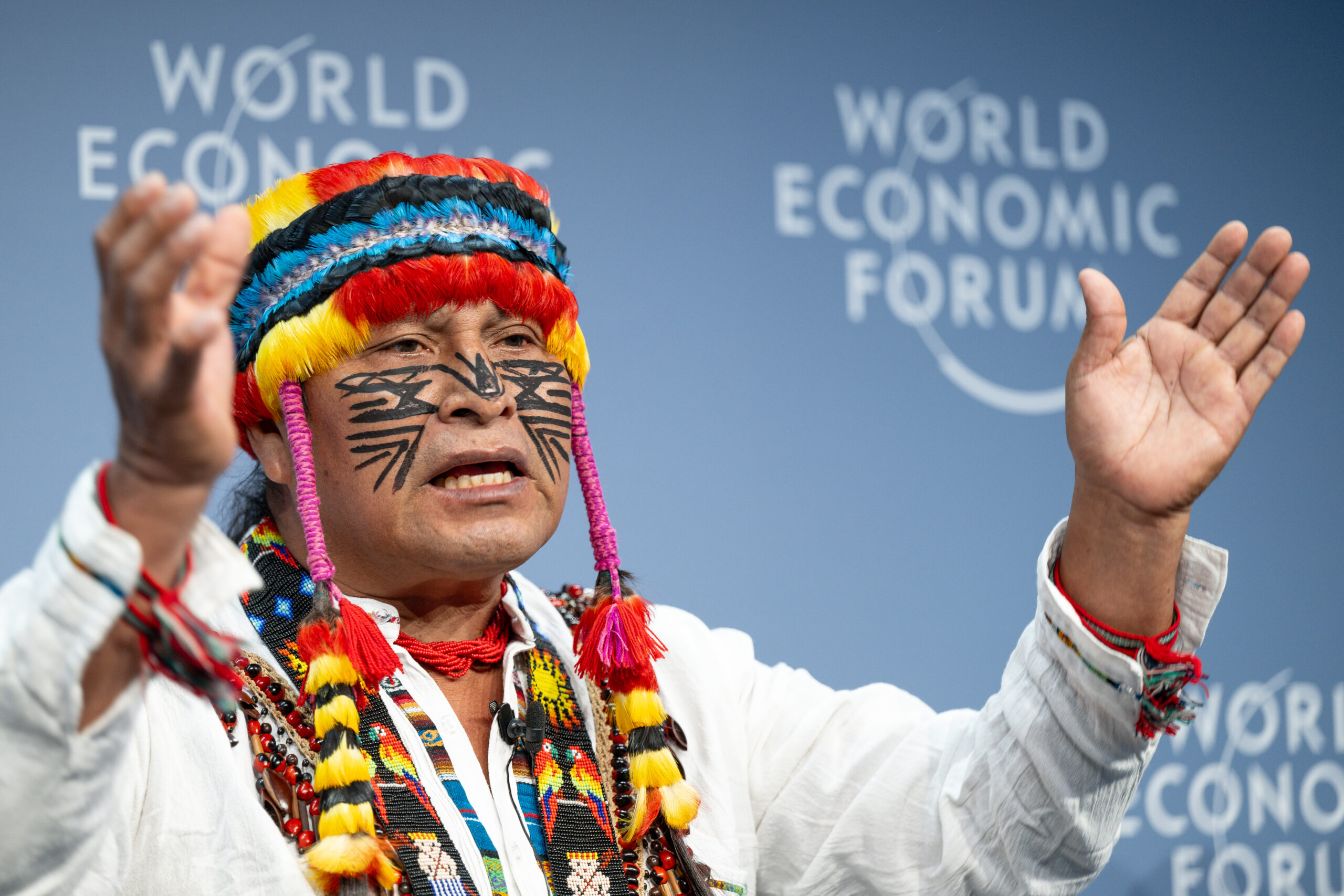 Uyunkar Domingo Peas Nampichkai, President of the Board of Directors, Amazon Sacred Headwaters (Cuencas Sagradas Amazonicas), Ecuador, speaking in the On the Frontlines for Nature session at the World Economic Forum Annual Meeting 2024 in Davos-Klosters, Switzerland, 16 January. Congress Centre - Ignite. Copyright: World Economic Forum/Sandra Blaser