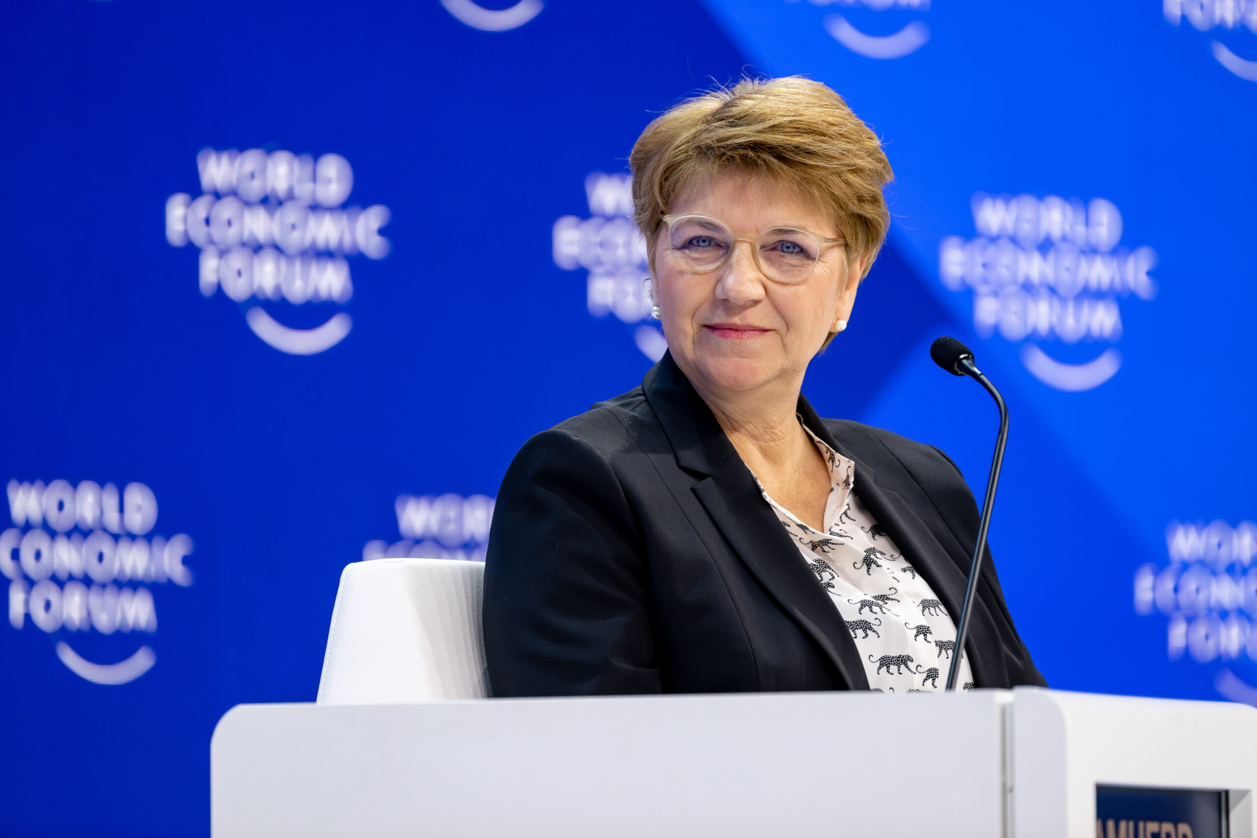 Viola Amherd, President of the Swiss Confederation 2024 and Federal Councillor of Defence, Civil Protection and Sports of Switzerland, speaking in the Welcoming Remarks session at the World Economic Forum Annual Meeting 2024 in Davos-Klosters, Switzerland, 16 January. Congress Centre – Congress Hall. Copyright: World Economic Forum/Sandra Blaser