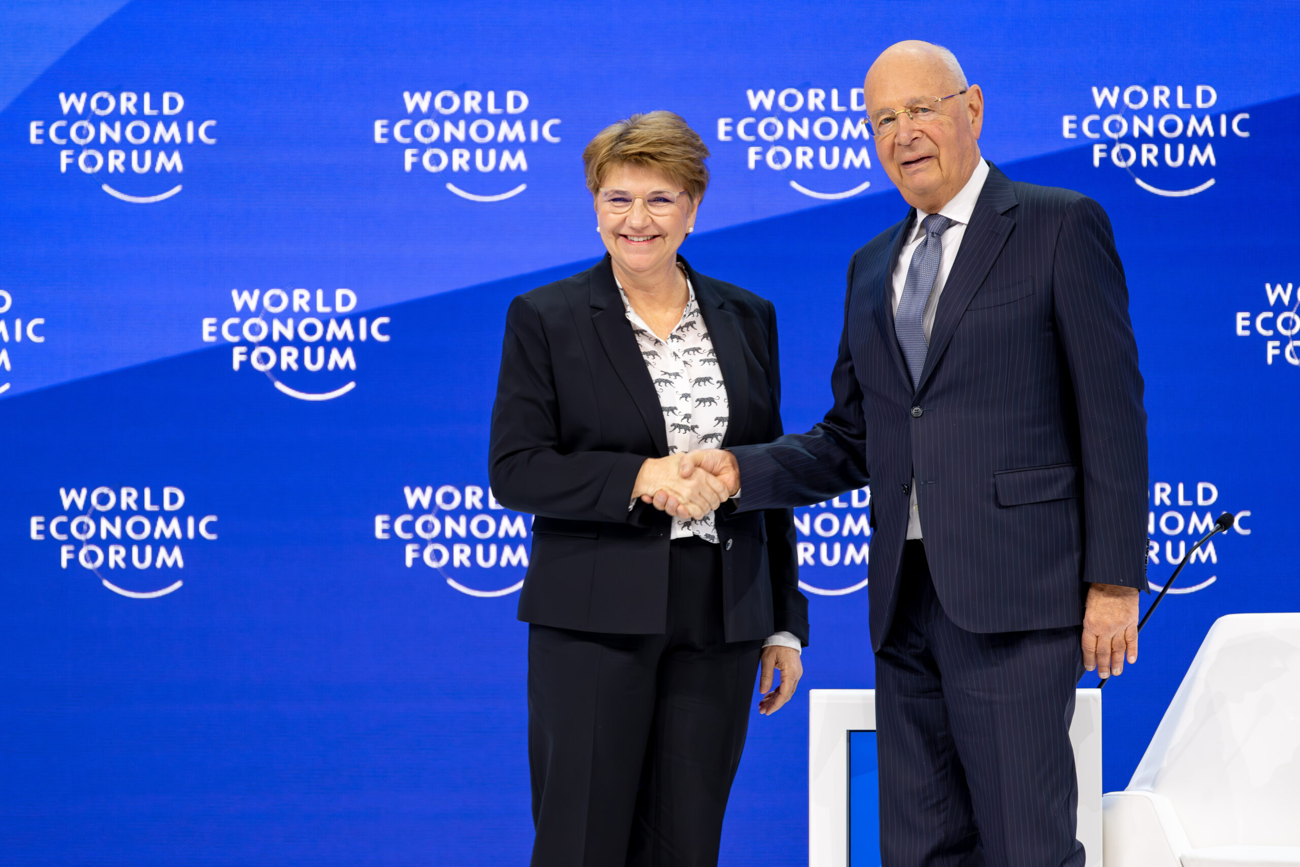 Viola Amherd, President of the Swiss Confederation 2024 and Federal Councillor of Defence, Civil Protection and Sports of Switzerland, Klaus Schwab, Founder and Executive Chairman, World Economic Forum, speaking in the Welcoming Remarks session at the World Economic Forum Annual Meeting 2024 in Davos-Klosters, Switzerland, 16 January. Congress Centre – Congress Hall. Copyright: World Economic Forum/Sandra Blaser